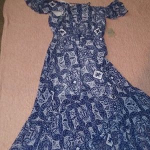 Blue and white long dress.